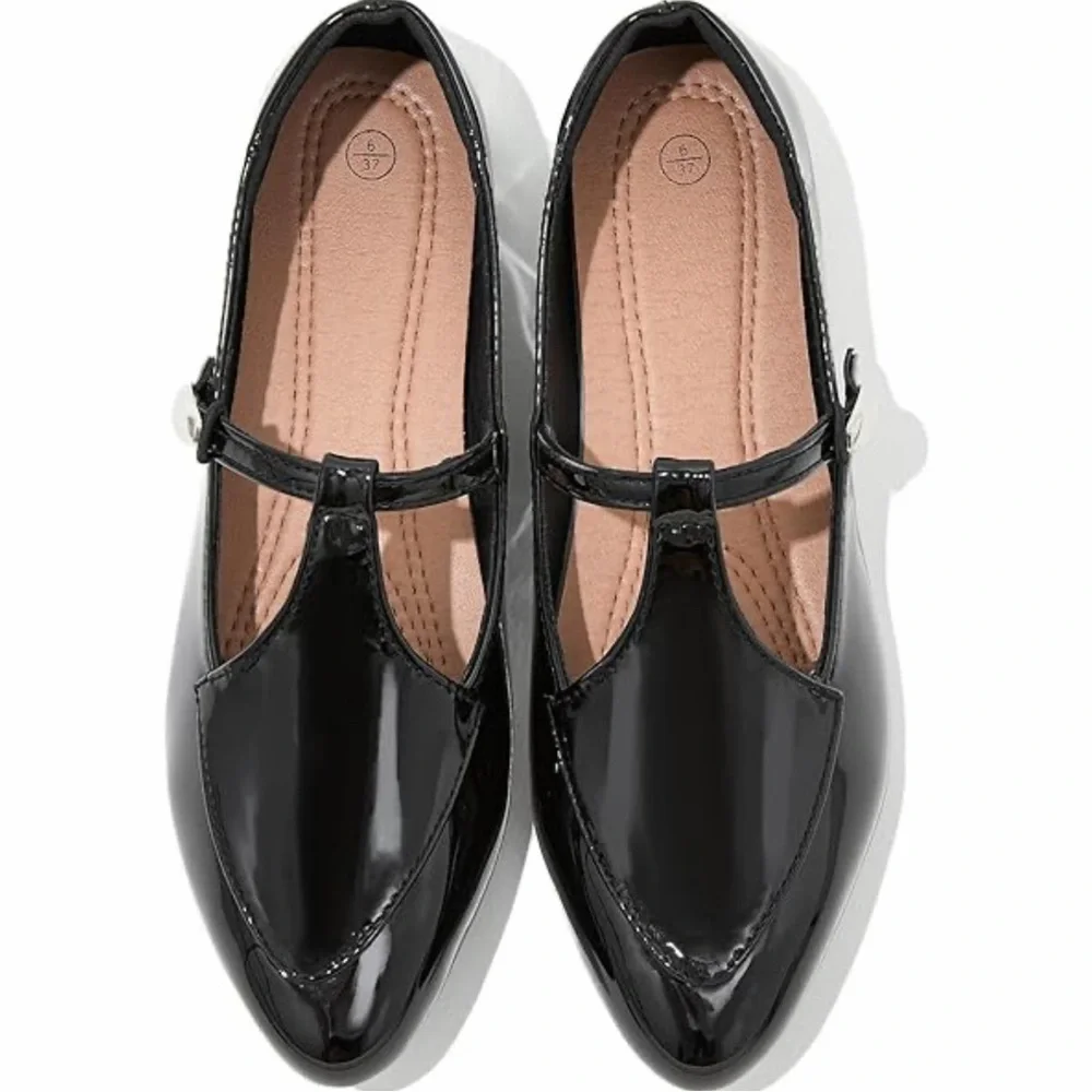 Black Patent Leather Shiny T Strap Mary Jane Ballet Flat Shoes Women’s Size 8.5